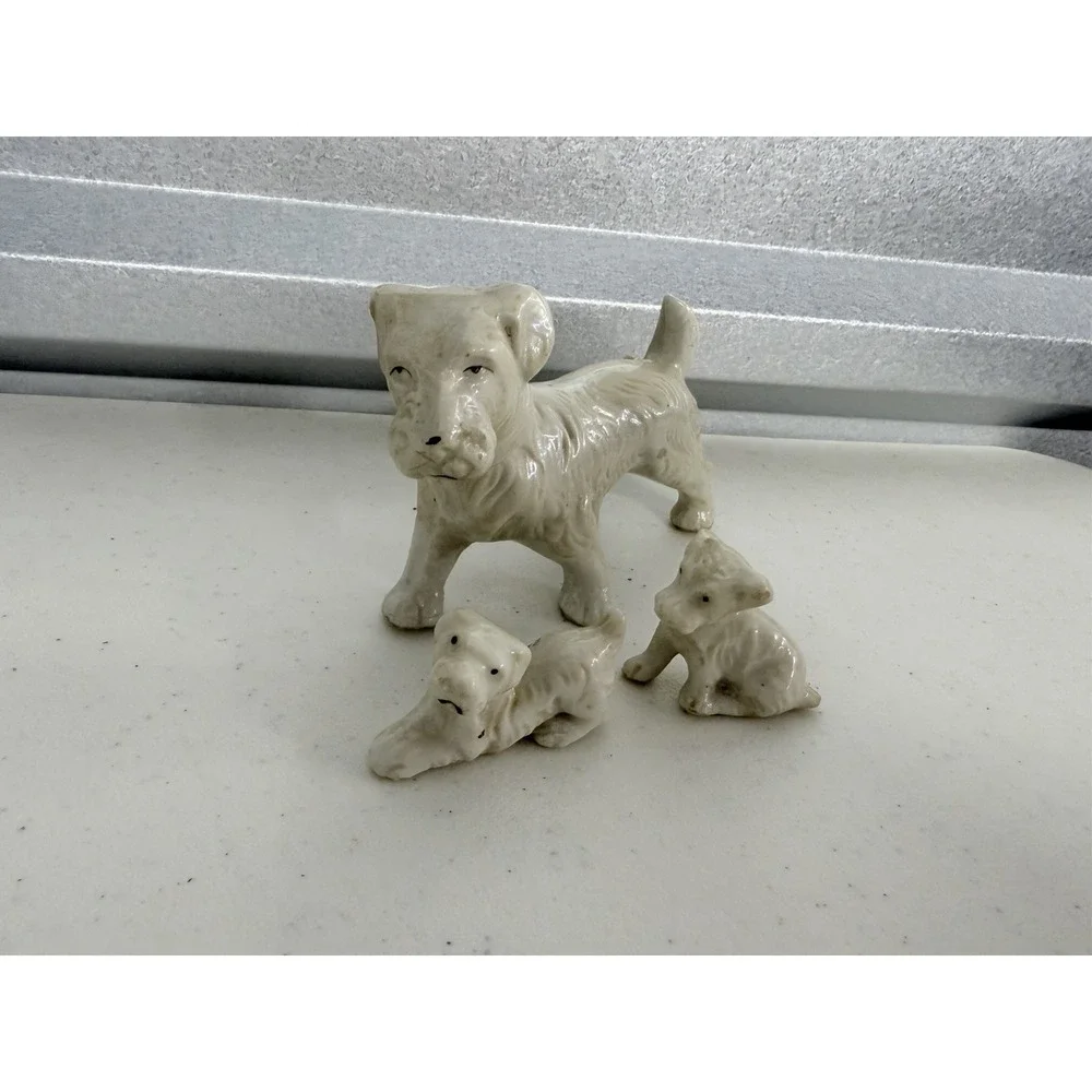 VTG Ceramic White Terrier Dog Family Figurine Mother 2 Puppies Japan Scottie